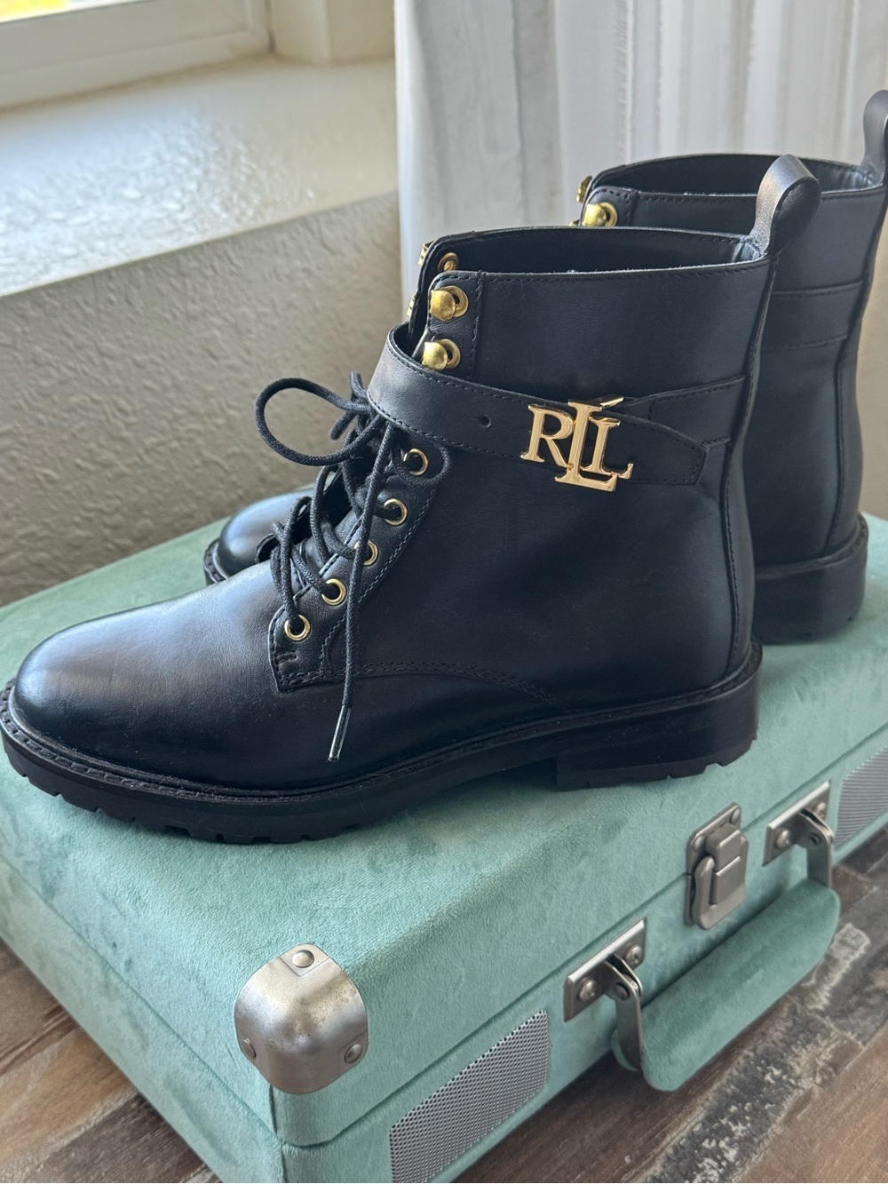Ralph Lauren Black Leather Lace-Up Boots with Gold RLL Emblem